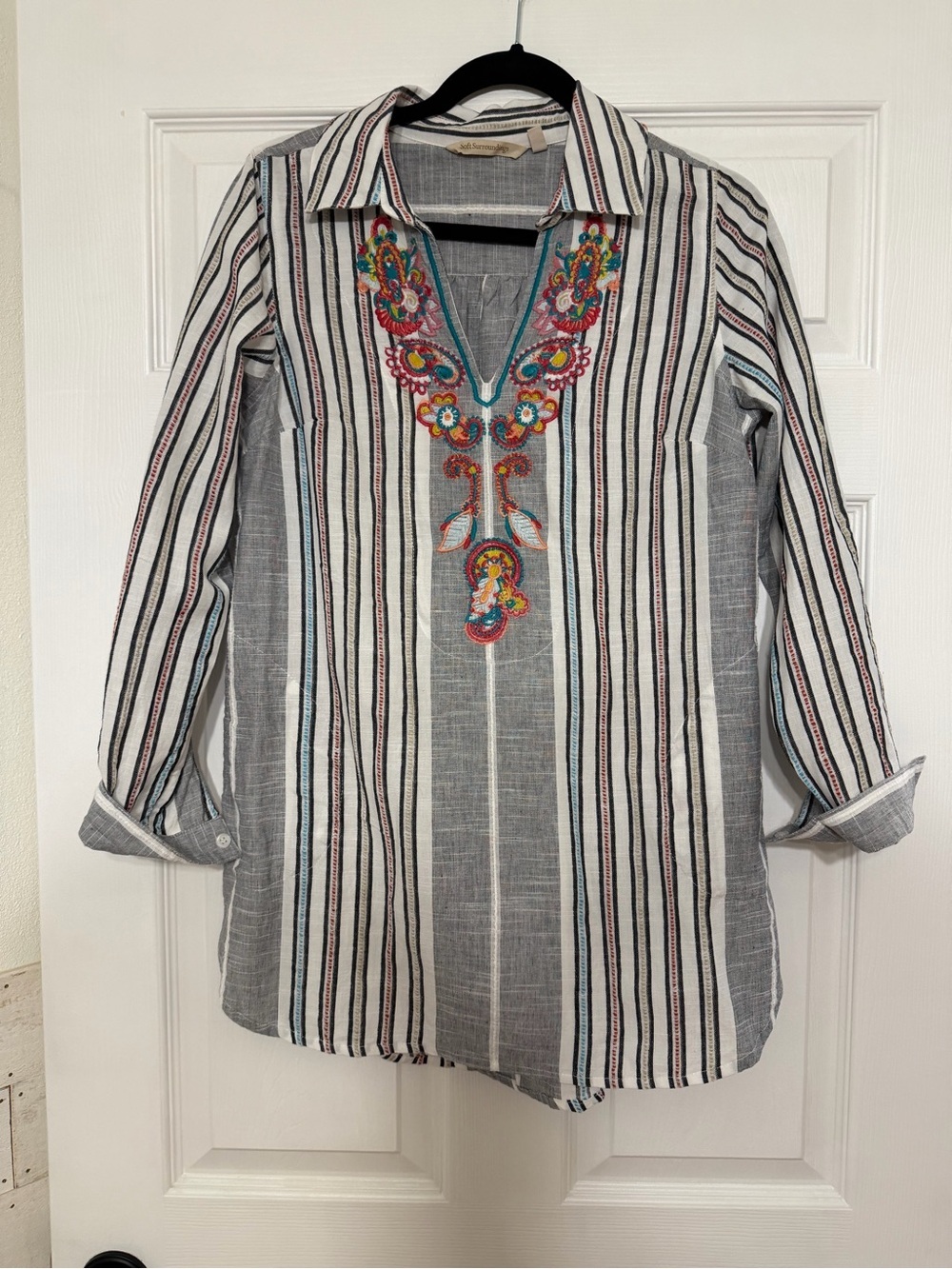 Soft Surroundings White & Navy Striped Embroidered Tunic
